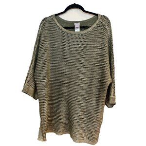 Chicos Womens Sz 3 US Sz XL Gold Metallic Open Knit Tunic 3/4 Sleeves Side Slits
